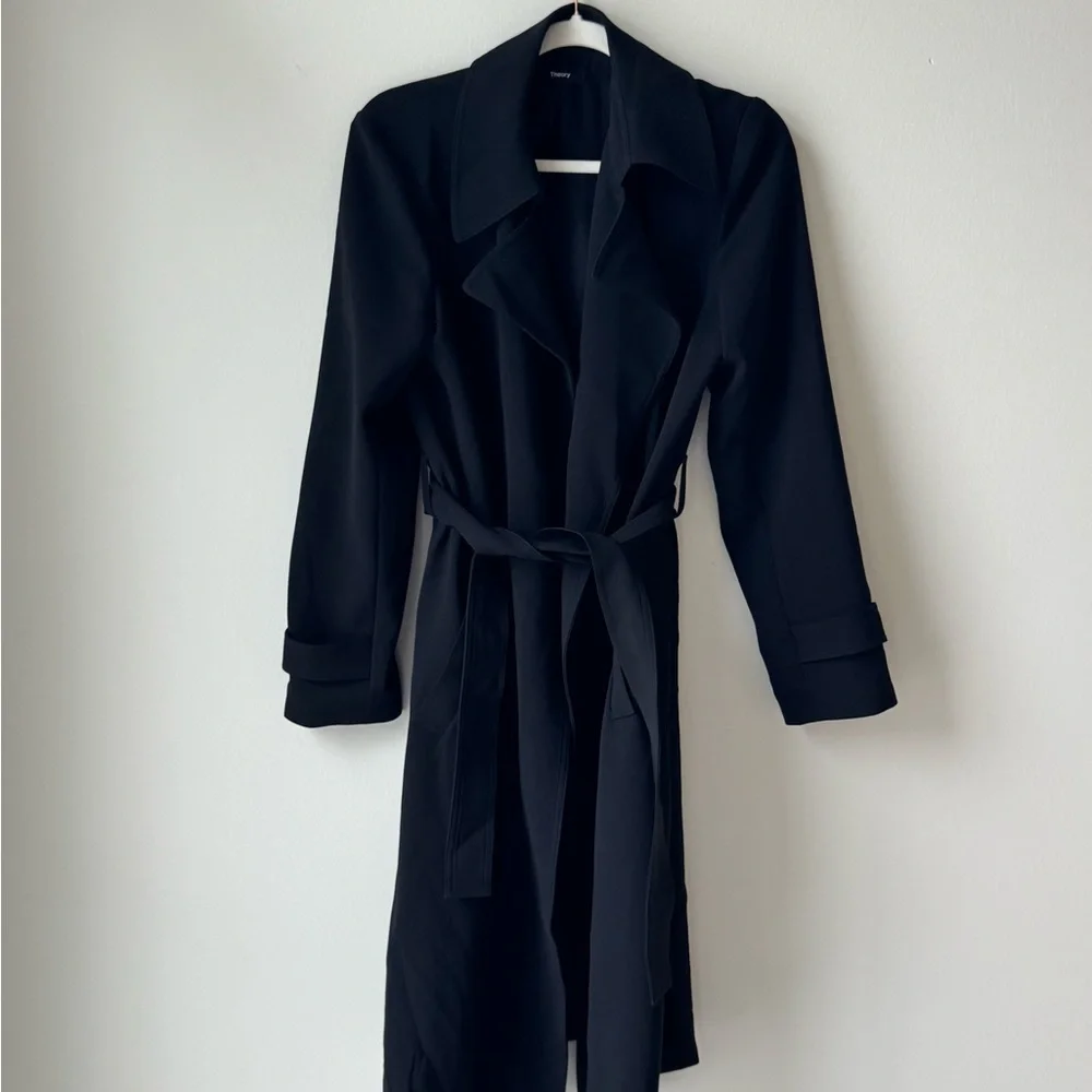 Theory Women Black Lined Long Tie Belted Jacket Dress Size Medium